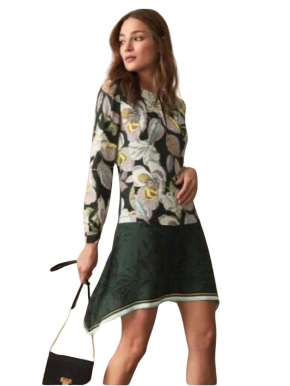 Reiss Floran Floral Print Mini Dress Sz US 6 Green Asymmetrical Hem Boho